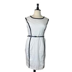 Jones Studio Sheath Dress Round Neck Sleeveless White Black Trim Women’s Size 16